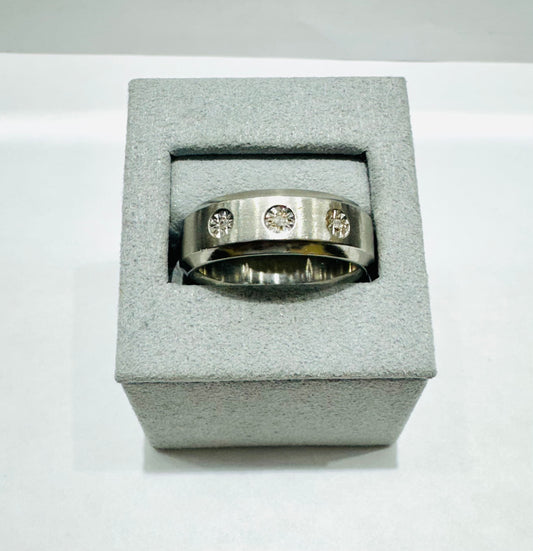 STAINLESS STEEL MENS WEDDING BAND WITH THREE CZ STONES 8mm, SIZE: 12