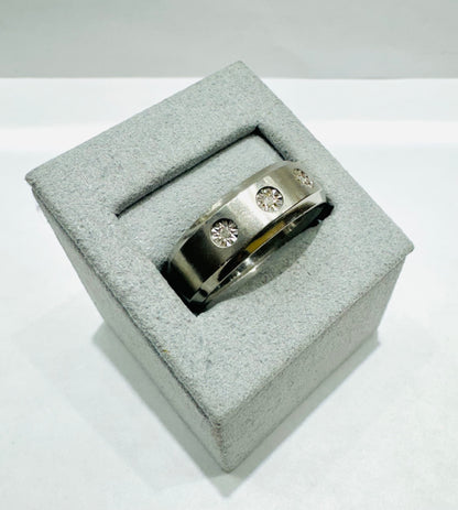 STAINLESS STEEL MENS WEDDING BAND WITH THREE CZ STONES 8mm, SIZE: 12