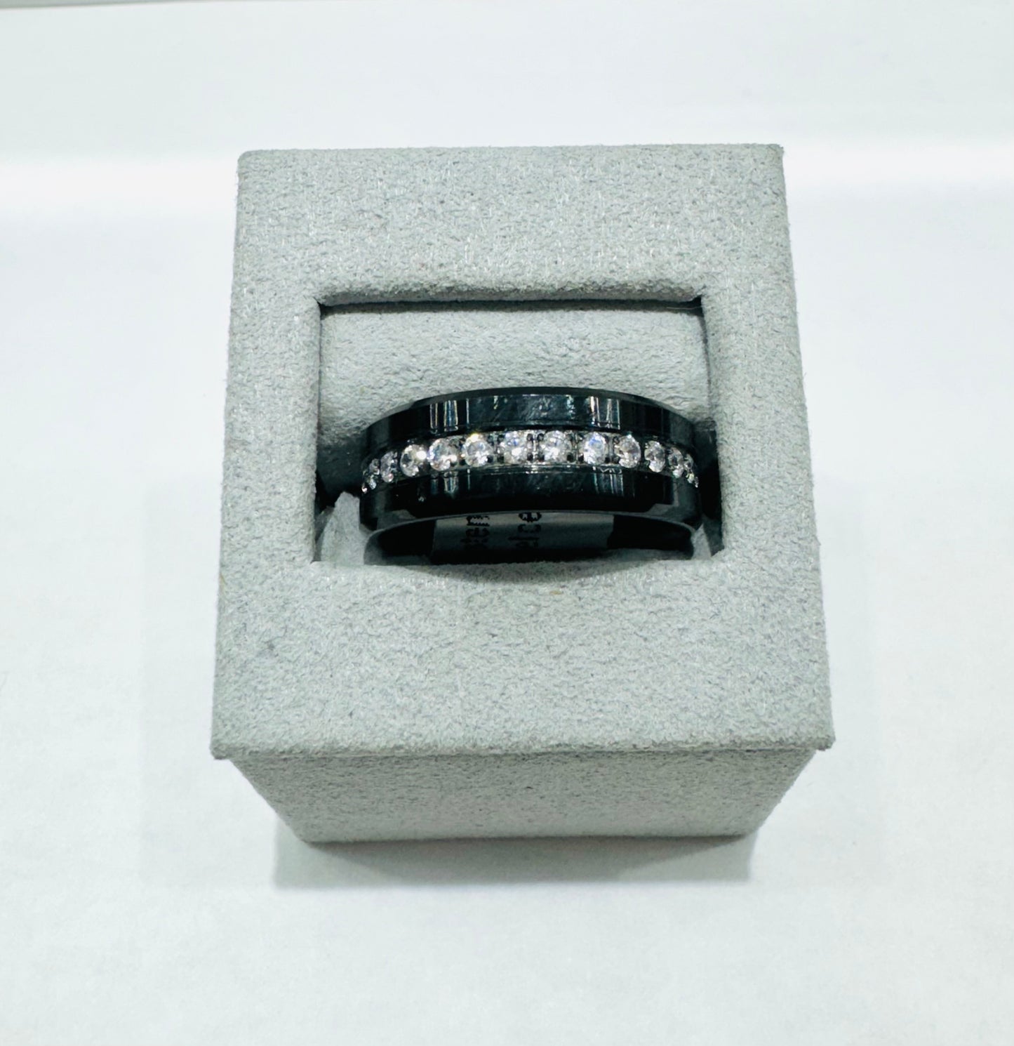 BLACK TUNGSTEN CARBIDE WEDDING BAND WITH CZ STONES 7.6mm, SIZE: 9