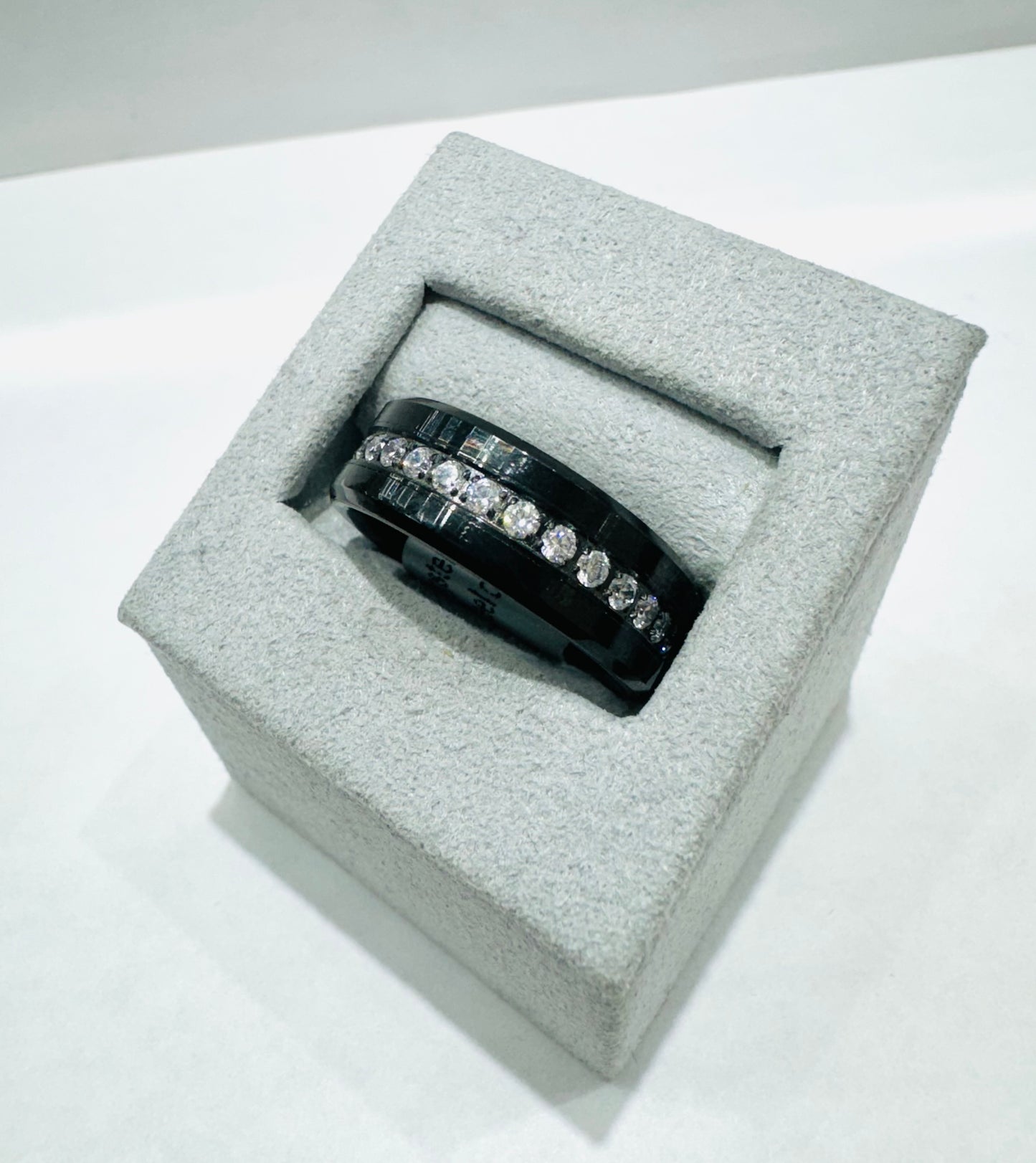 BLACK TUNGSTEN CARBIDE WEDDING BAND WITH CZ STONES 7.6mm, SIZE: 9