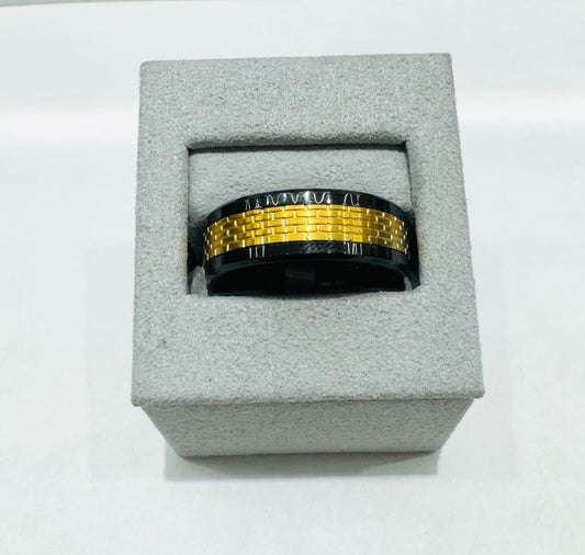 TUNGSTEN CARBIDE WEDDING BAND WITH BLACK CERAMIC & GOLD INLAY 8mm, SIZE: 11