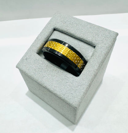 TUNGSTEN CARBIDE WEDDING BAND WITH BLACK CERAMIC & GOLD INLAY 8mm, SIZE: 11