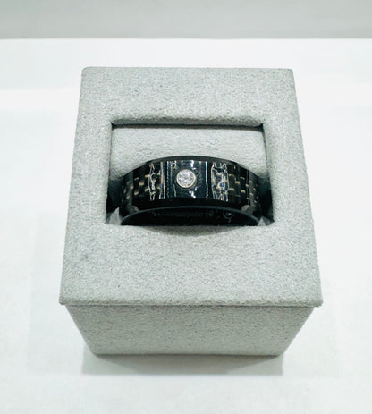 BLACK TUNGSTEN CARBIDE WEDDING BAND WITH CARBON FIBER INLAY & ONE CZ STONE 8mm, SIZE: 10
