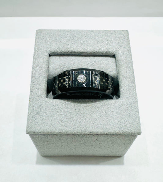 BLACK TUNGSTEN CARBIDE WEDDING BAND WITH CARBON FIBER INLAY & ONE CZ STONE 8mm, SIZE: 10