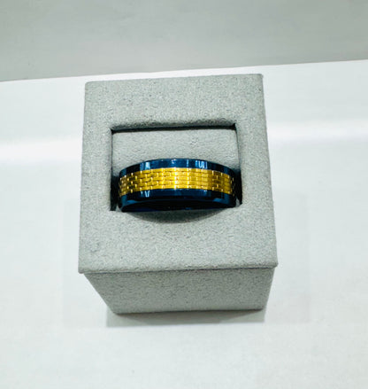 BLUE TUNGSTEN CARBIDE WEDDING BAND WITH GOLD CARBON FIBER INLAY 8mm, SIZE: 11