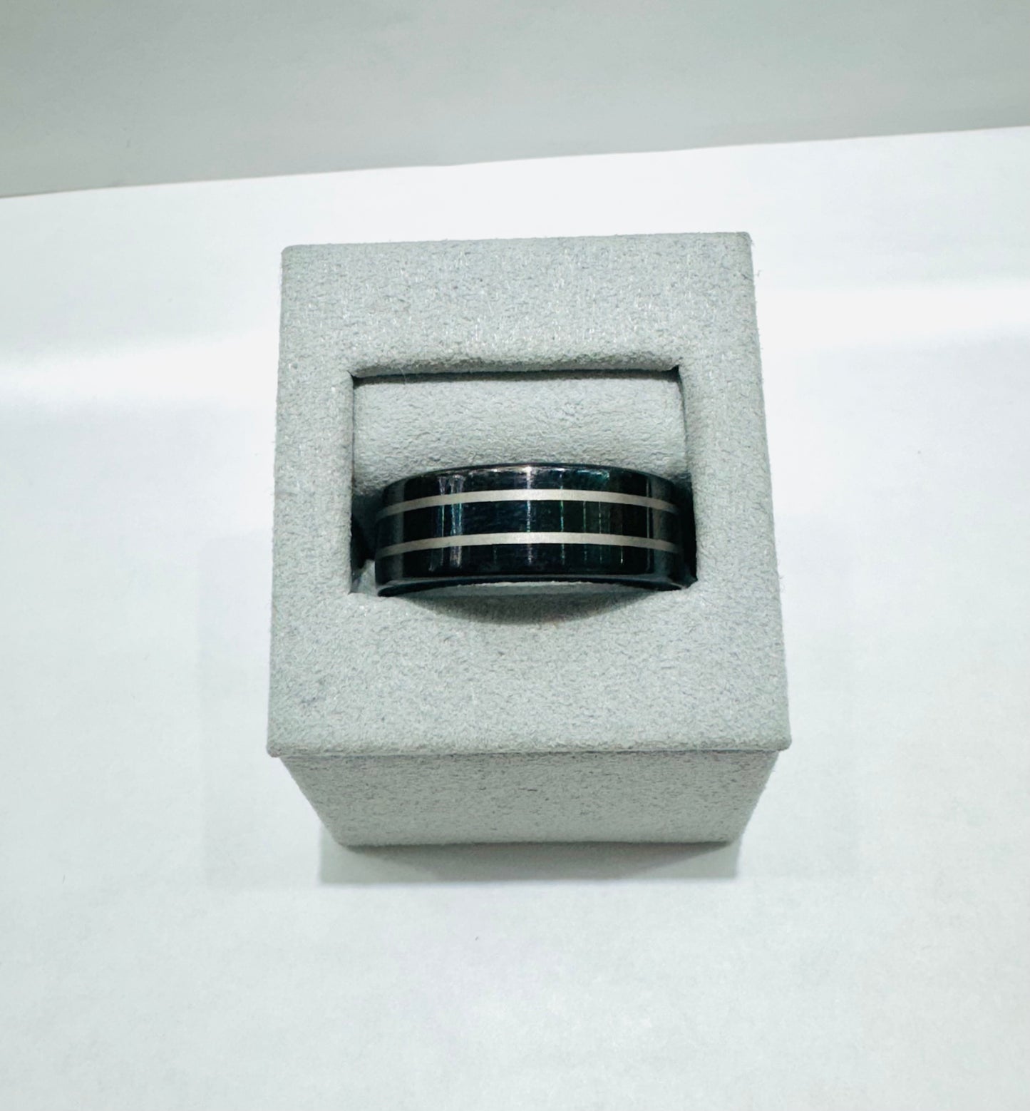 BLACK TUNGSTEN WEDDING BAND WITH TWO SILVER STRIPES 8.3mm, SIZE: 11