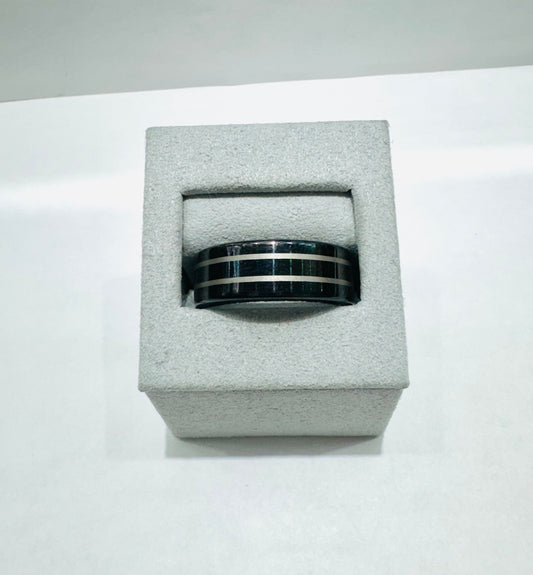 BLACK TUNGSTEN WEDDING BAND WITH TWO SILVER STRIPES 8.3mm, SIZE: 11