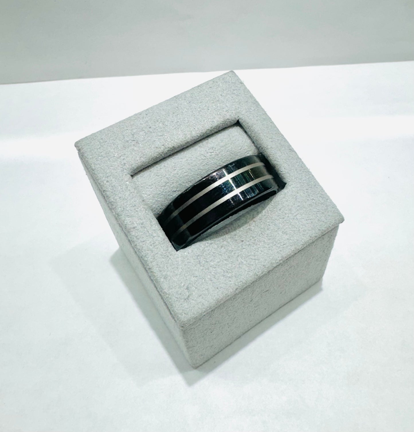 BLACK TUNGSTEN WEDDING BAND WITH TWO SILVER STRIPES 8.3mm, SIZE: 11