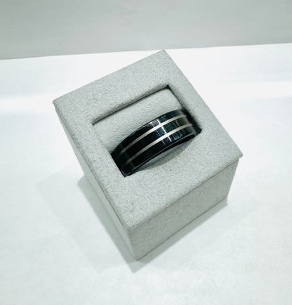BLACK TUNGSTEN WEDDING BAND WITH TWO SILVER STRIPES 8.3mm, SIZE: 11