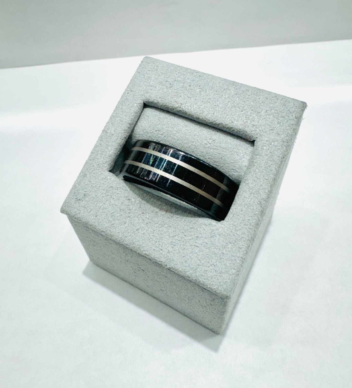 BLACK TUNGSTEN WEDDING BAND WITH TWO SILVER STRIPES 8.3mm, SIZE: 11