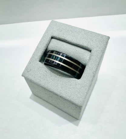 BLACK TUNGSTEN WEDDING BAND WITH TWO SILVER STRIPES 8.3mm, SIZE: 11