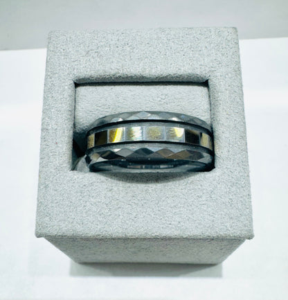 BLACK & GOLD PLATED TUNGSTEN BAND WITH POLISHED FACET CUT DESIGN 7.8mm, SIZE: 12