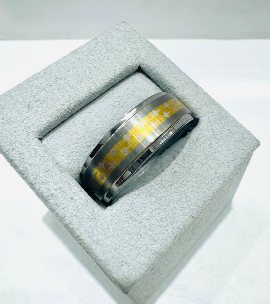 TWO TONE TUNGSTEN CARBIDE WEDDING BAND WITH GOLD STAR PATTERN INLAY 8mm, SIZE: 12