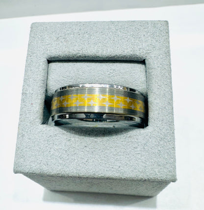 TWO TONE TUNGSTEN CARBIDE WEDDING BAND WITH GOLD STAR PATTERN INLAY 8mm, SIZE: 12