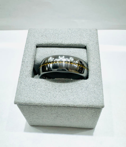 TUNGSTEN & STAINLESS STEEL WEDDING BAND WITH BRUSHED FINISH AND YELLOW GOLD BEADED INLAY 8mm, SIZE: 12