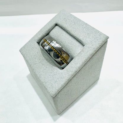 TUNGSTEN & STAINLESS STEEL WEDDING BAND WITH BRUSHED FINISH AND YELLOW GOLD BEADED INLAY 8mm, SIZE: 12