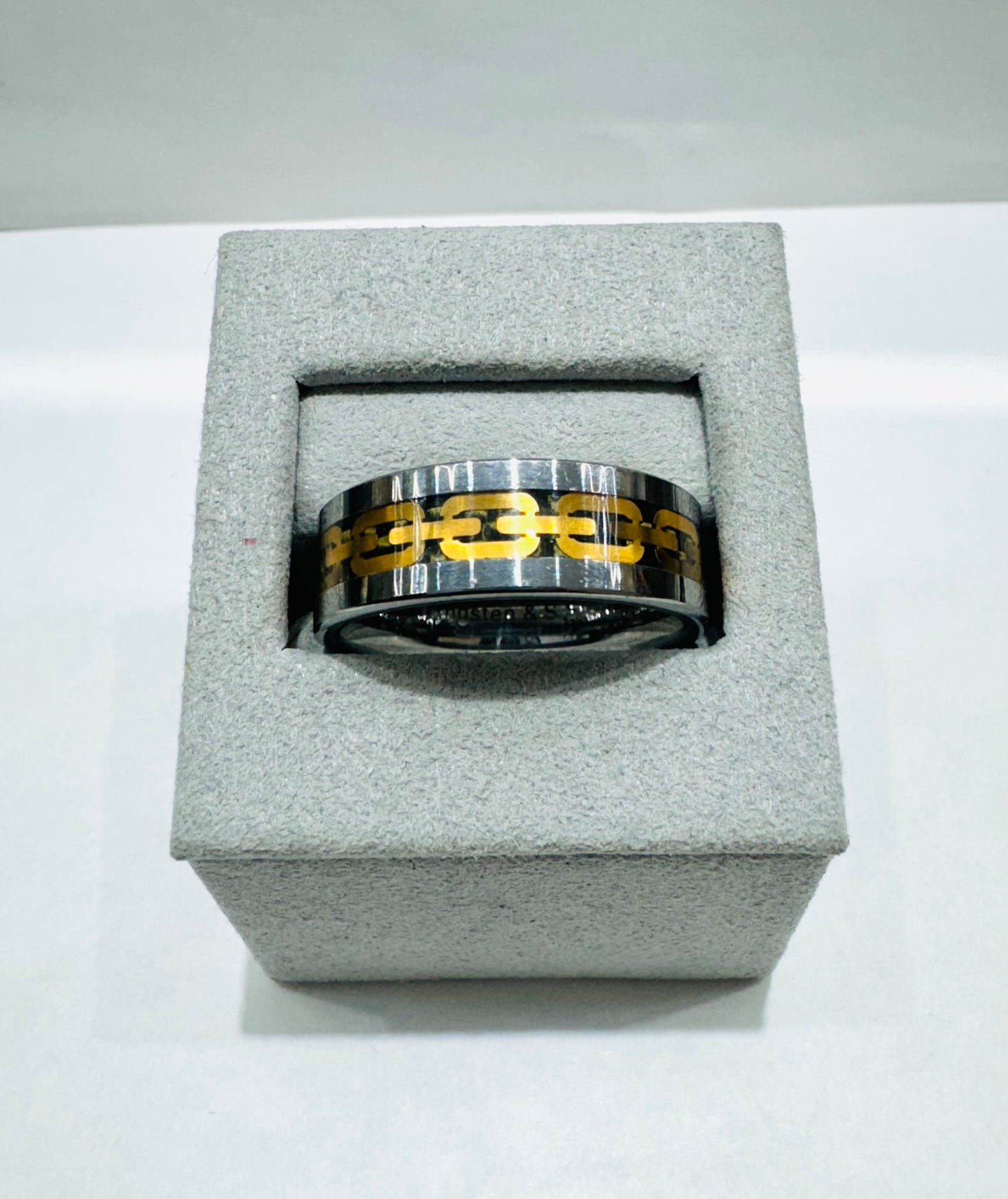 TUNGSTEN CARBIDE WEDDING BAND WITH GOLD ANCHOR LINK INLAY 8mm, SIZE: 13