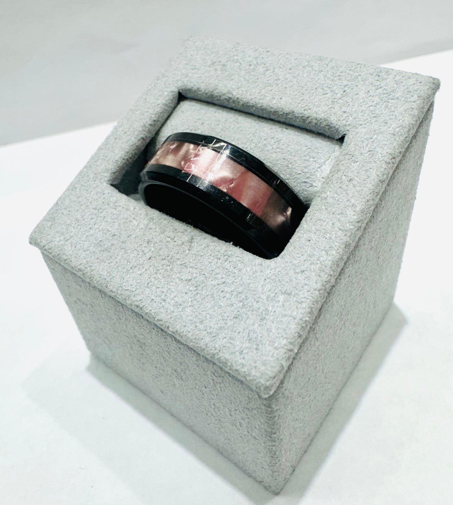 BLACK & ROSE GOLD TONED TUNGSTEN HAMMERED WEDDING BAND 8mm, SIZE: 10