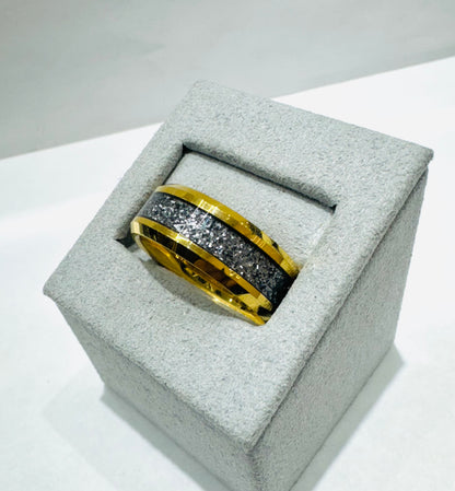 YELLOW GOLD TONED TUNGSTEN CARBIDE WEDDING BAND WITH CRUSHED METEORITE INLAY 8mm, SIZE: 10