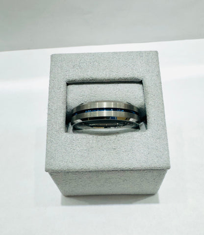 SILVER COLOR TUNGSTEN CARBIDE MENS WEDDING BAND WITH BLUE INLAY 6mm, SIZE: 10