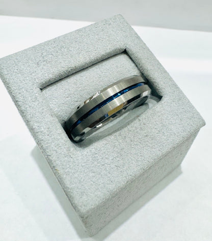 SILVER COLOR TUNGSTEN CARBIDE MENS WEDDING BAND WITH BLUE INLAY 6mm, SIZE: 10