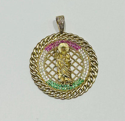 10K GOLD ROUND SAINT JUDE PENDANT WITH CZ DIAMOND, WEIGHT: 10.3gm