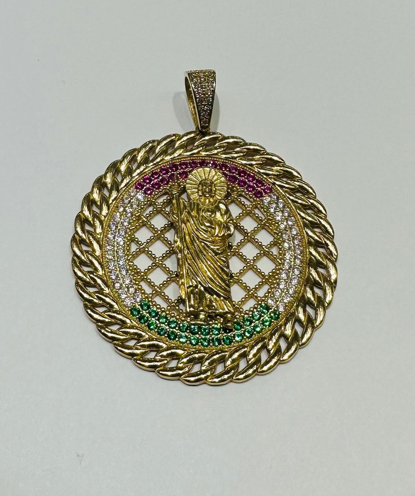 10K GOLD ROUND SAINT JUDE PENDANT WITH CZ DIAMOND, WEIGHT: 10.3gm