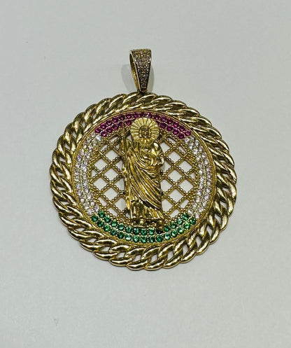 10K GOLD ROUND SAINT JUDE PENDANT WITH CZ DIAMOND, WEIGHT: 10.3gm