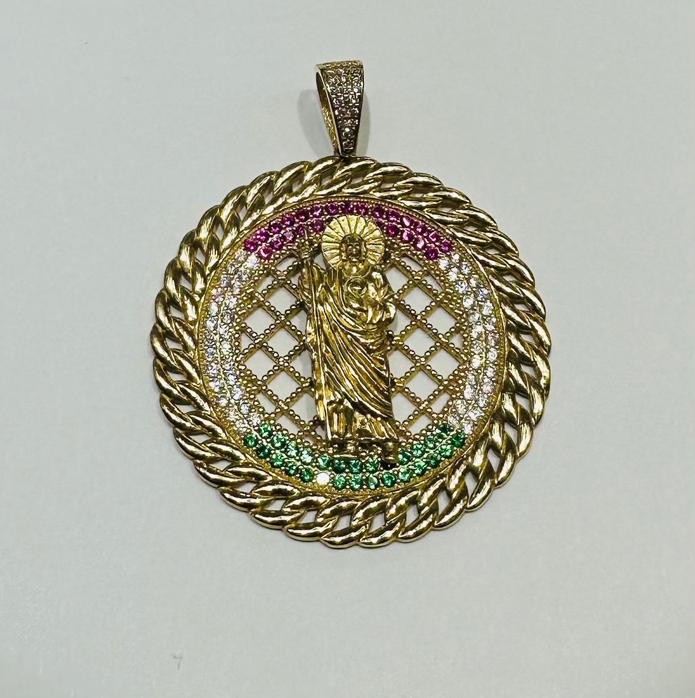 10K GOLD ROUND SAINT JUDE PENDANT WITH CZ DIAMOND, WEIGHT: 10.3gm