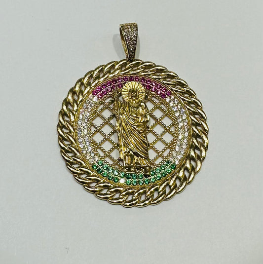 10K GOLD ROUND SAINT JUDE PENDANT WITH CZ DIAMOND, WEIGHT: 10.3gm