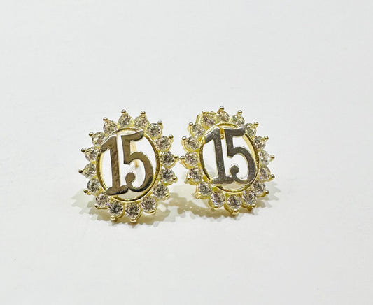 10K GOLD NUMBER15 QUINCEANERA EARRINGS WITH CZ DIAMOND, WEIGHT: 2.6gm