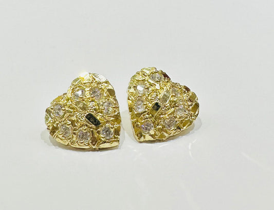 10K GOLD HEART NUGGET EARRINGS WITH CZ DIAMOND, WEIGHT: 4.4gm