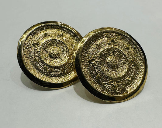 10K GOLD ROUND AZTEC SOLAR CALENDER EARRINGS, WEIGHT: 3.9gm