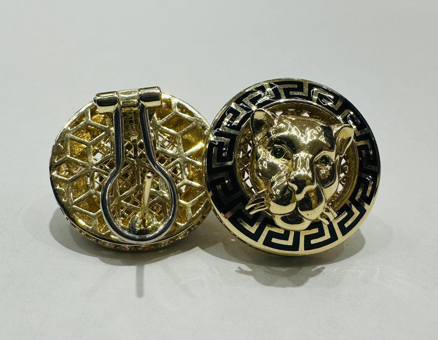 10K GOLD BLACK ITALIAN LEOPARD EARRINGS, WEIGHT: 7.6gm