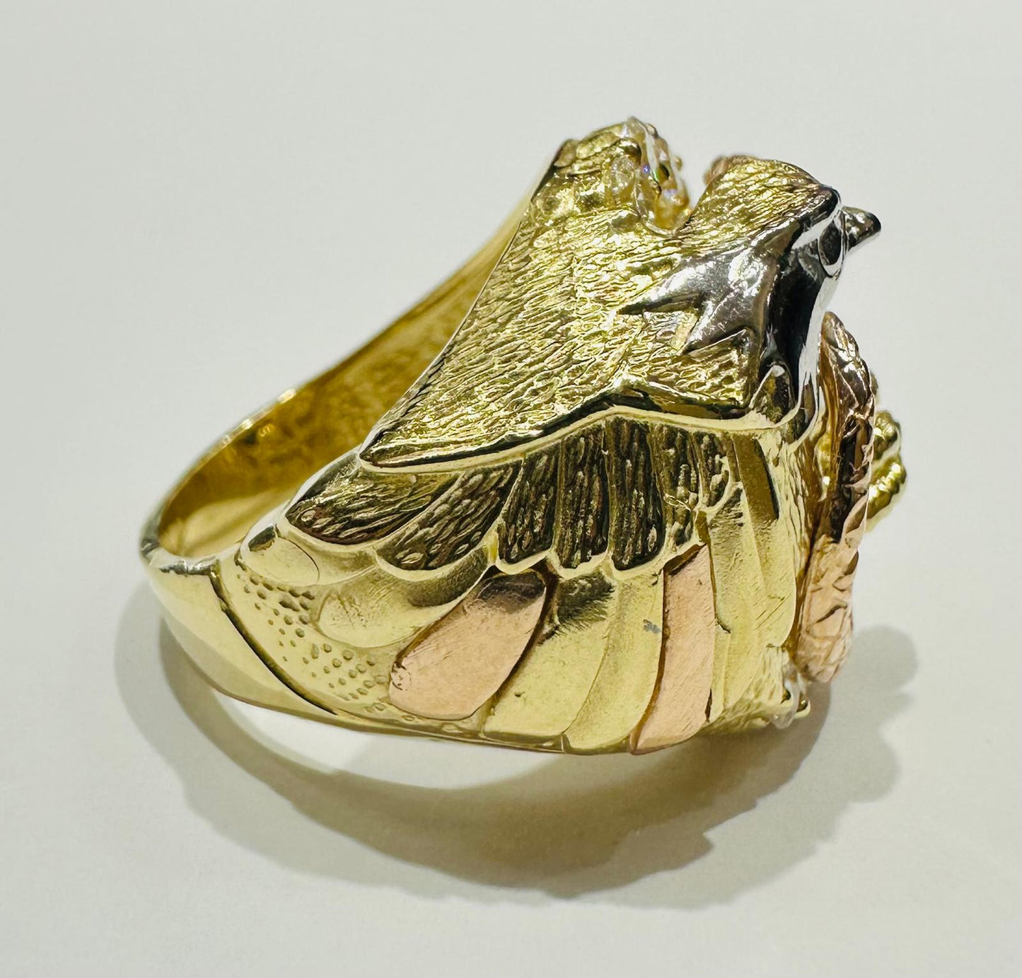 14K SOLID GOLD ROUND CUT MEN'S CZ EAGLE AND SNAKE RING, WEIGHT: 17.3gm