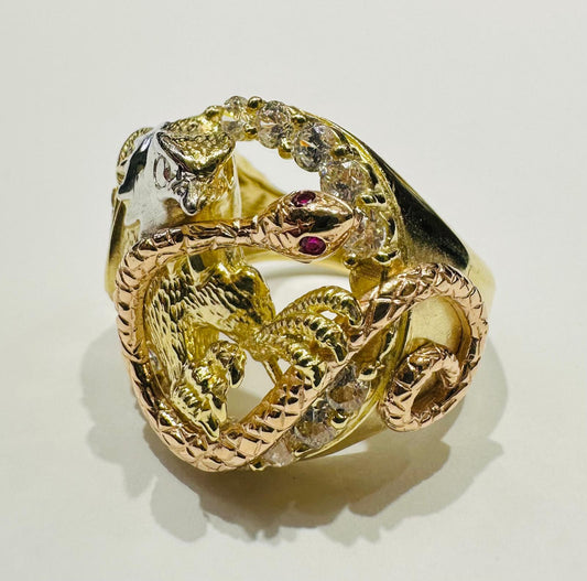 14K SOLID GOLD ROUND CUT MEN'S CZ EAGLE AND SNAKE RING, WEIGHT: 17.3gm