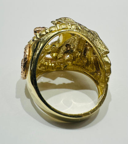14K SOLID GOLD ROUND CUT MEN'S CZ EAGLE AND SNAKE RING, WEIGHT: 17.3gm