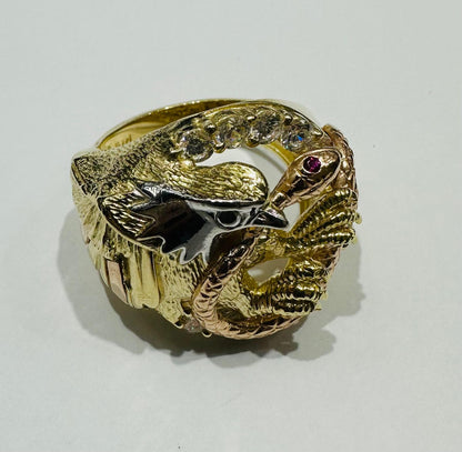 14K SOLID GOLD ROUND CUT MEN'S CZ EAGLE AND SNAKE RING, WEIGHT: 17.3gm