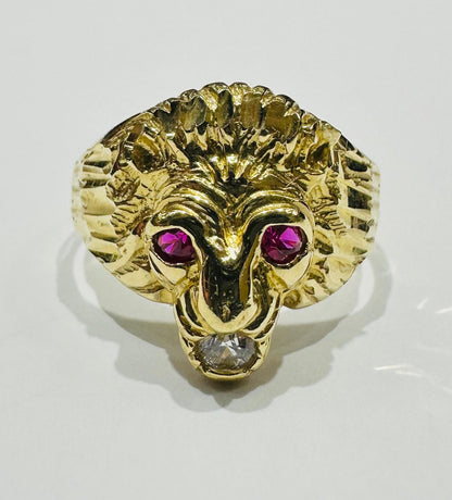14K GOLD LION FACE RING WITH CZ STONES, WEIGHT: 5.5gm