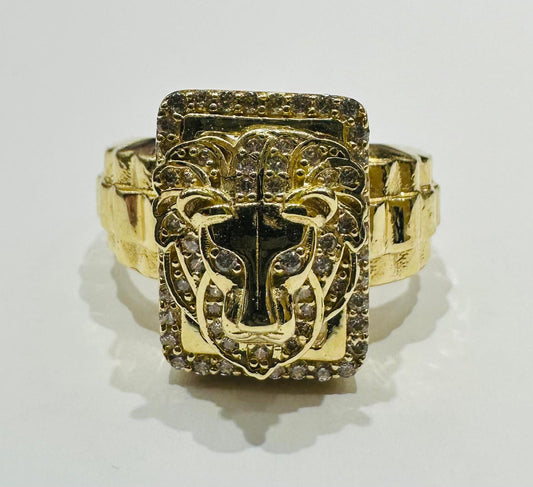 14K GOLD LION RING WITH CZ STONES, WEIGHT: 8.8gm