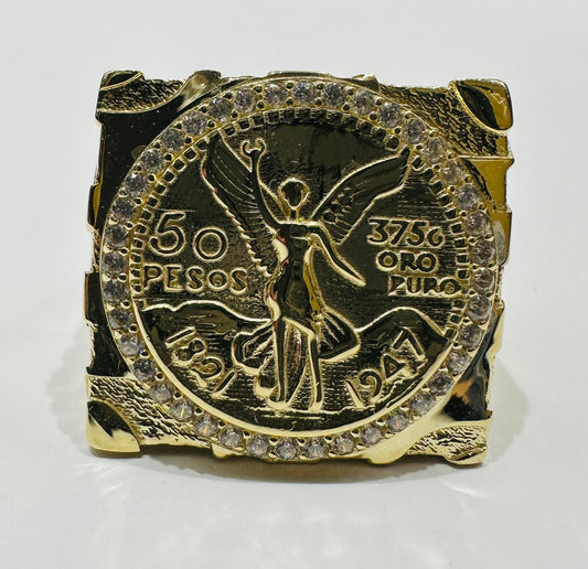 14K SOLID GOLD 50 PESOS CENTENARIO NUGGET RING WITH CZ STONES, WEIGHT: 17.1gm