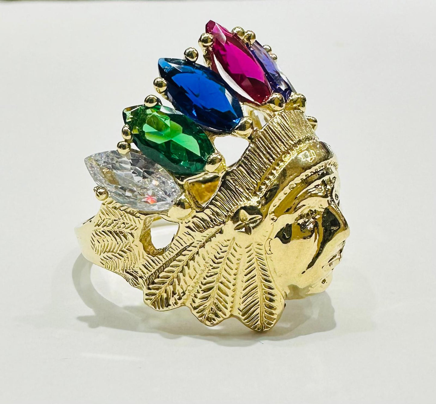 14K SOLID GOLD INDIAN CHIEF RAINBOW RING , WEIGHT: 13.1gm