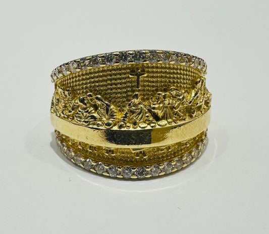 14K GOLD LAST SUPPER RING WITH CZ STONE, WEIGHT: 10.0gm