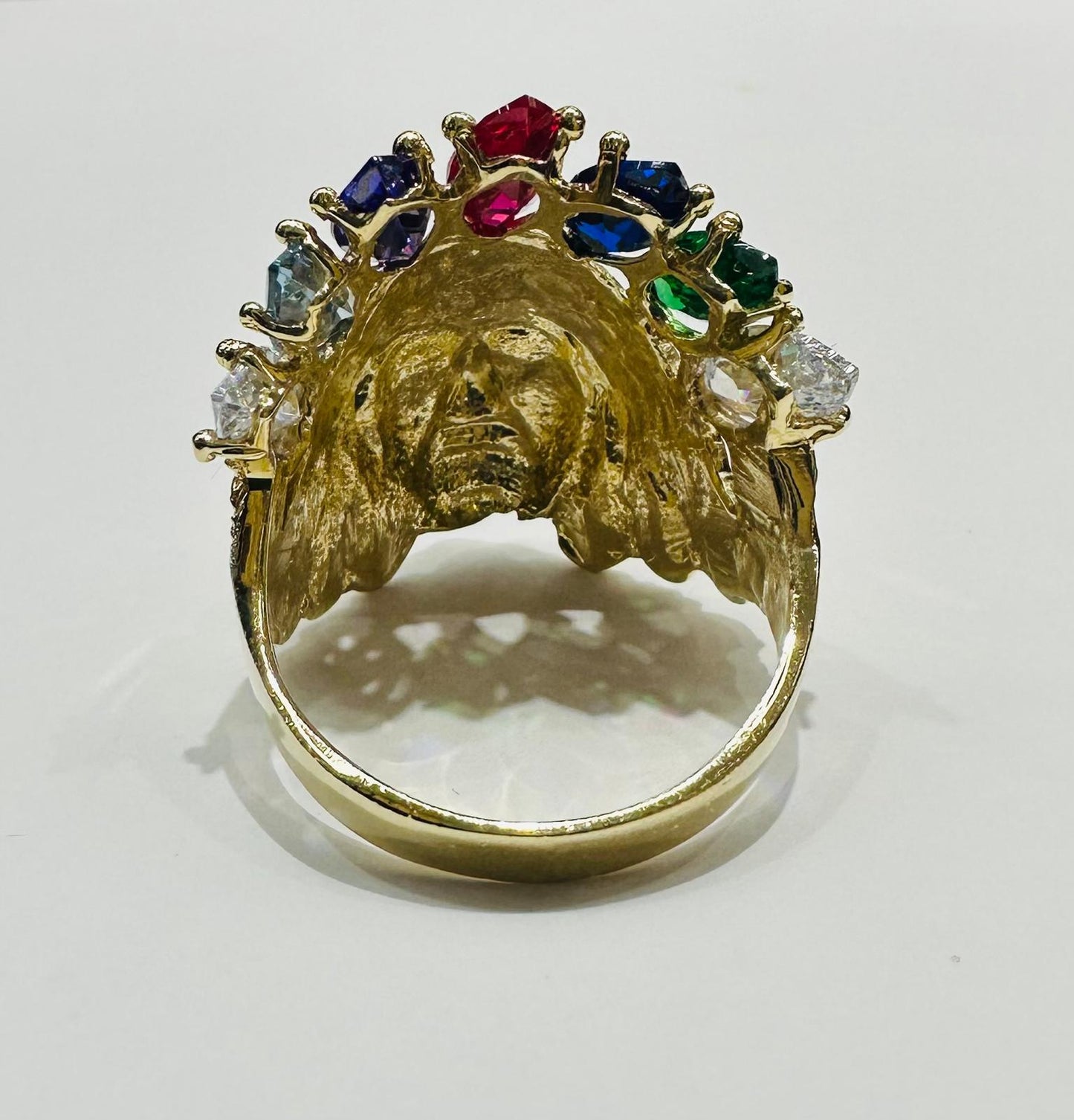 14K SOLID GOLD INDIAN CHIEF RAINBOW RING , WEIGHT: 13.1gm
