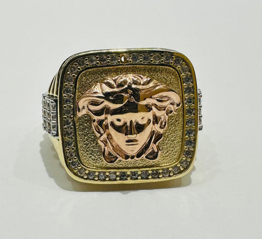 14K GOLD TWO TONED MEDUSA HEAD RING WITH CZ DIAMOND, WEIGHT: 7.7gm