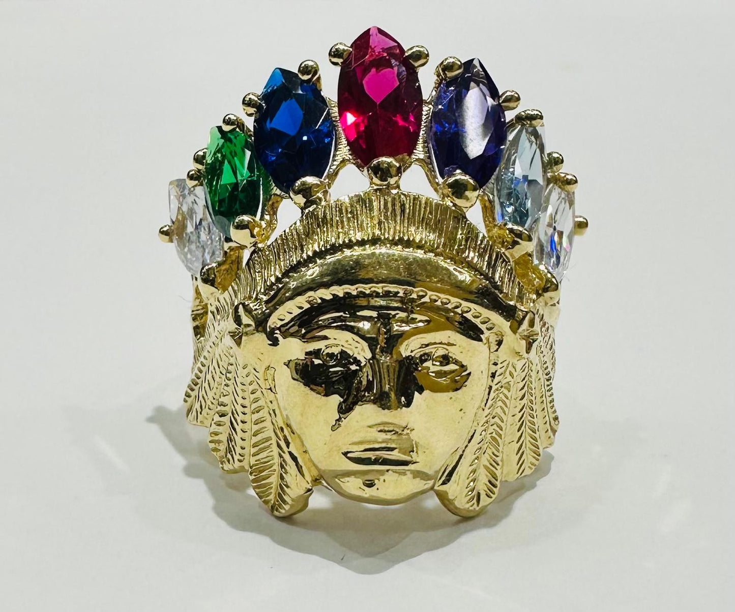 14K SOLID GOLD INDIAN CHIEF RAINBOW RING , WEIGHT: 13.1gm