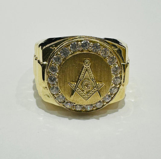 14K GOLD MEN'S MASONIC CZ RING, WEIGHT: 9.7gm