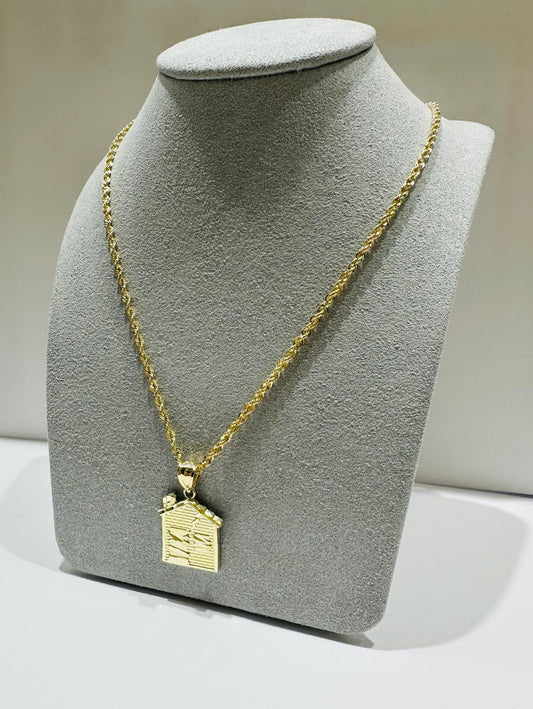 10K GOLD ROPE CHAIN 22" WITH TRAP HOUSE PENDANT, WEIGHT: 4.5gm