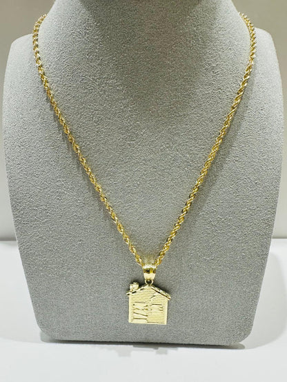 10K GOLD ROPE CHAIN 22" WITH TRAP HOUSE PENDANT, WEIGHT: 4.5gm