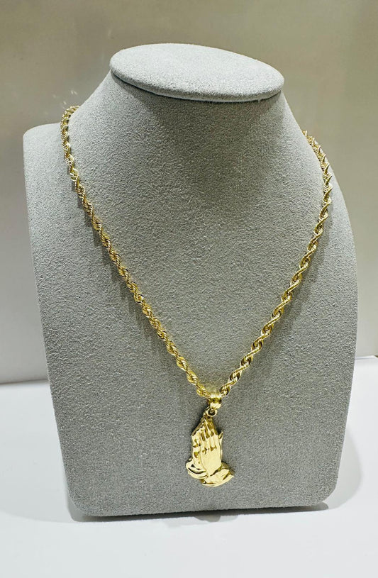 10K GOLD ROPE CHAIN 22" WITH PRAYING HANDS PENDANT, WEIGHT: 6.1gm